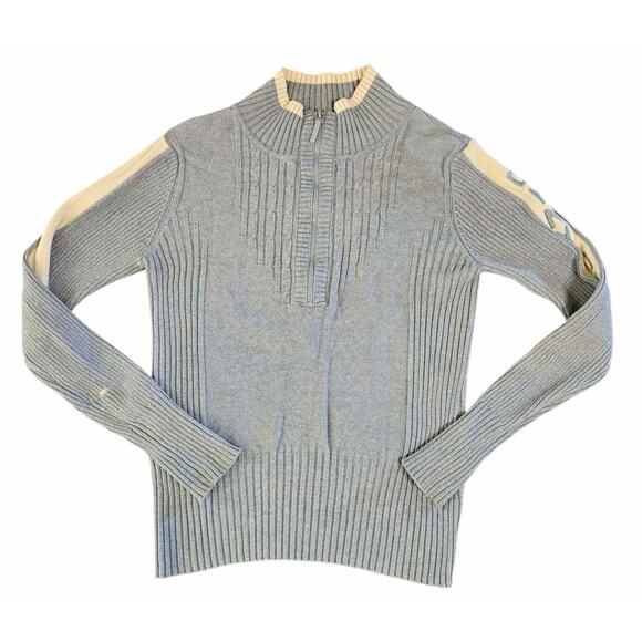 DKNY Jeans Women’s Small Baby Blue Ribbed Half Zip Sweater Logo Sleeve - Picture 2 of 7